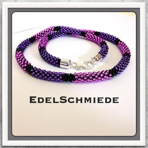 Häkelkette, Lila Pink Schwarz, mit 925/- Silber Verschluß 52cm