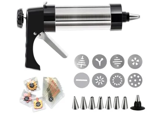 Abiyou Gebäckpresse, Gebäckspritze mit 13 Schablonen und 8 Tüllen, Spritzgebäck Presse Senden 100 Keksbeutel, Teigspritze Edelstahl, Keksmaschine,Plätzchenpresse,Edelstahl Teigspritze,für Kuchen Kekse