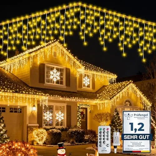 WOWDSGN [275 LED] Eisregen Lichterkette Außen/Innen, 9M Weihnachtsbeleuchtung mit Timer | 8 Modi | IP44 Wasserdicht | Strombetrieben, Eiszapfen Lichterkette für Dachkante Dachrinne Terrasse