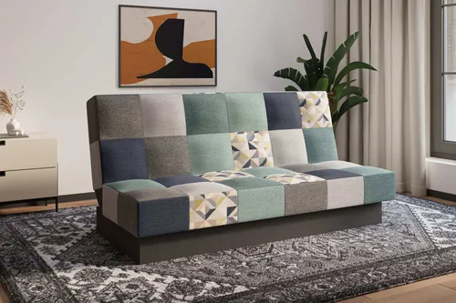 Schlafsofa CYPRUS Patchwork - Hellblau + Grau mit Schlaffunktion - Kompaktes Sofa mit Click-Clack Mechanismus zur einfachen Umwandlung in ein bequemes Bett. Hochwertige Materialien garantieren Stabilität und Komfort für entspannte Stunden im Wohnzimmer.