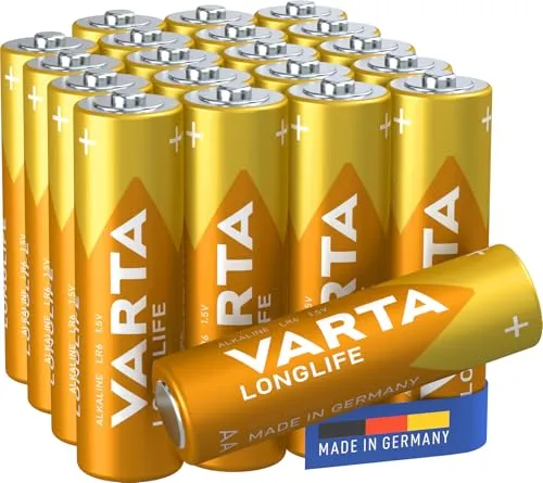 VARTA Batterien AA, 20 Stück, Longlife, Alkaline, 1,5V, ideal für Fernbedienungen, Wecker, Radios, Wanduhren, Verpackung zu 90% recycelt, Made in Germany