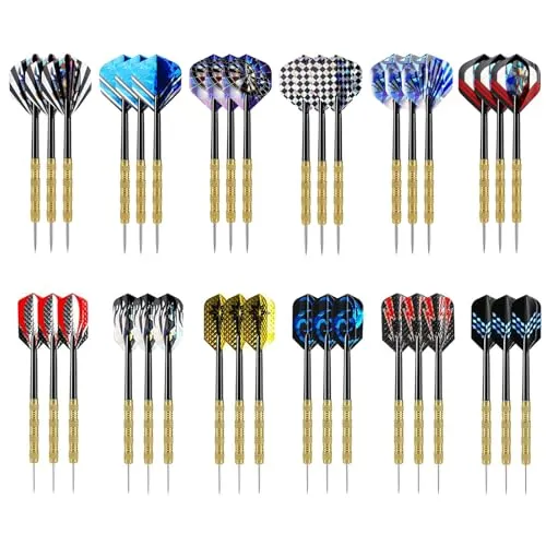 GOEDCH Dartpfeile mit Metallspitze: 36 Stück Profi Steeldarts, Dartpfeile Steeldart, 36 Stück Steel Darts Pfeile Set, 14 Gramm Profi Steeldarts mit Metallspitze, Motive Dart Flight für Hobbyisten