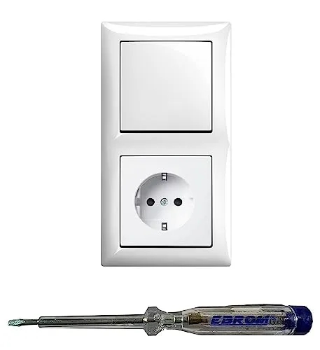 Busch Jäger Lichtschalter Wechselschalter AN/AUS 2000/6 US und Steckdose 20EUC-914 - Steckdosen & Zubehör - Hochwertiges Set mit Lichtschalter, Steckdose und 2-fach Rahmen in modernem Design, inklusive EBROM Phasenprüfer für einfache Montage.