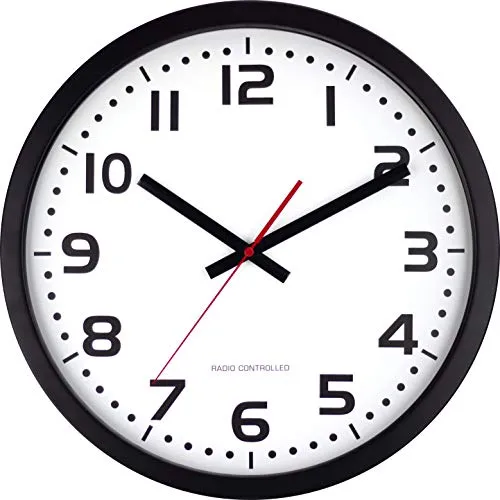 Eurotime Funkwanduhr,schrittsekunde, 40 cm, Metallrahmen Schwarz, Echtglas, klares 12-Zahlen Zifferblatt, automatische Zeitein- und Zeitumstellung, für Wohnbereich oder Büro, rote Sekunde, 59990-05