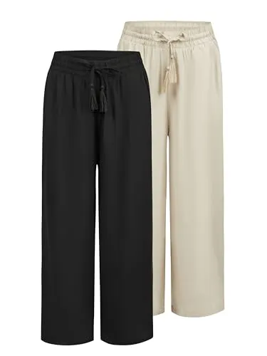 DENIMFY Palazzo Hose Damen Sommer 7/8 Loose Fit DFKate 2er Pack Weites Bein Sommerhose leicht Stoffhose Knöchellang Elastische Taille Einfarbig Muster Viskose, Größe:L, Farben:Farbmix 6