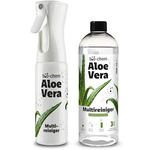 bio-chem Aloe Vera Multireiniger Konzentrat | Premium Allzweckreiniger für Küche, Bad, Glas und Möbel - Erleben Sie frische Reinigung mit Aloe Vera! Das hochergiebige Konzentrat ergibt bis zu 3 Liter Lösung und entfernt zuverlässig Verschmutzungen auf verschiedenen Oberflächen. Ideal für eine saubere und angenehme Atmosphäre im gesamten Haushalt.