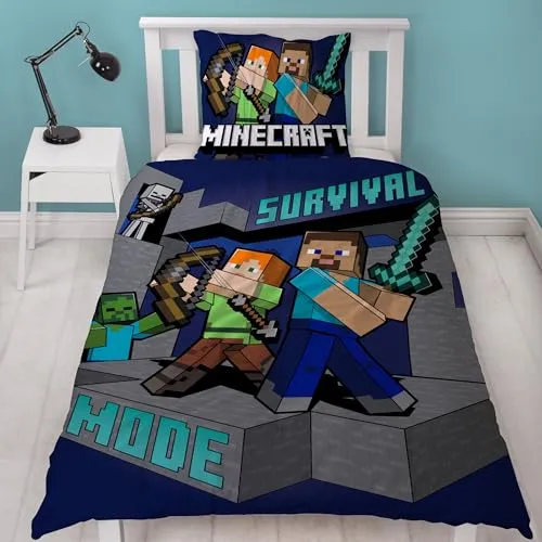Wende Bettwäsche-Set Minecraft Figuren 135x200 - Bettwaren-Set für Kinder aus 100% Baumwolle, mit coolem Wendemotiv für Gamer, pflegeleicht und angenehm im Schlaf.