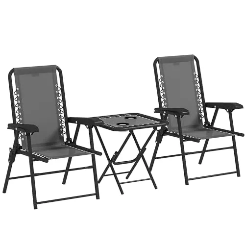 Outsunny 3-teiliges Bistro Set aus Stahl – Wetterfestes Gartenmöbel mit klappbarem Tisch und Becherhaltern - Elegantes 3-teiliges Bistro Set aus Stahl: Bequeme Stühle mit Becherhaltern und klappbarem Tisch. Ideal für Balkon oder Garten – platzsparend und stylisch für entspannte Stunden im Freien.