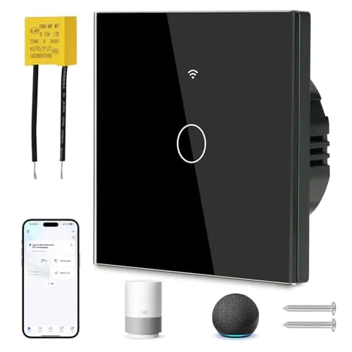 proAMEDEN Intelligenter Lichtschalter WiFi 1/Gang benötigt keine neuTRO, Glasplatte, 2,4 GHz WiFi-Touchschalter, Smart Life/Tuya-Fernbedienung, funktioniert mit Alexa, Google Home, Schwarz [1 Stück].