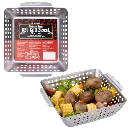 Navaris Edelstahl Grillschale - Grillkorb Gemüse - Grillpfännchen für Grill - Grill Schale für Gemüse - Hervorragende Hitzespeicherung - Für alle Grilltypen - 21 x 21 cm