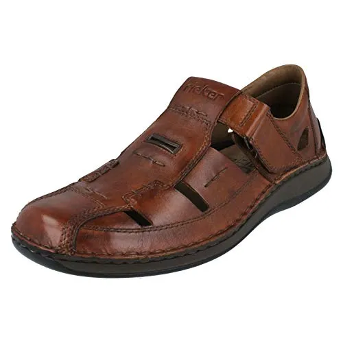 Rieker Herren Slipper - Bequemer Sommer Slipper in Braun, Gr. 45 - Wanderschuhe mit extra weitem Schnitt, Klettverschluss und gepolsterter Lederinnensohle für optimalen Tragekomfort. Ideal für warme Tage und lange Spaziergänge.