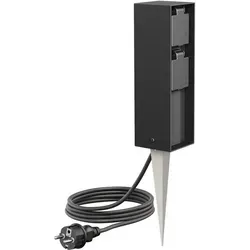 ledscom.de Garten-Steckdosen-Säule POKU mit Erdspieß und 2m Kabel für außen, IP44, 2-fach, schwarz, eckig, 23cm