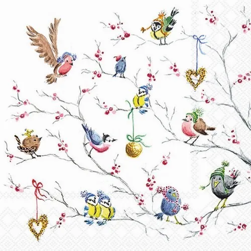 Servietten Birds in Tree Kleine Wintervögel Mützen Tiere Weihnachten 33x33cm 20