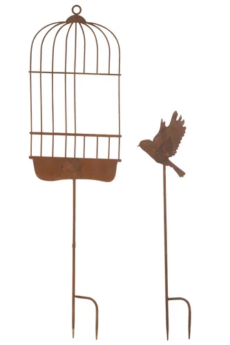 Dekorationen Garten Käfig + Vogel Metall Rost (2er Set) - Attraktive Gartendeko aus Metall in Rost-Optik, ideal für Innen- und Außenbereiche. Verleihen Sie Ihrem Garten mit diesen stilvollen Vogel-Motiven eine individuelle Note.