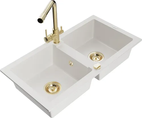 Produktbild Mexen Mario 2-Becken-Granitspüle mit Mischbatterie Duero, Weiß - 6504-20-671600-50