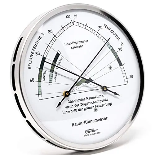 Fischer 1222-01 - Wohnklima-Hygrometer u. Raum-Thermometer - 130mm Edelstahl-Luftfeuchtigkeitsmesser Made in Germany