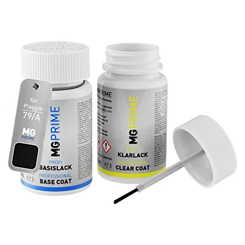 MG PRIME Autolack Lackstift Set für Piaggio 79/A/ND Nero Grafite Metallic/Schwarz Abisso Basislack Klarlack je 50ml