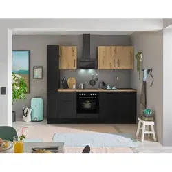 Küchenblock mit E-Geräten CORNWALL (Zeile-Apotheker) IV - braun - Küchenzeilen mit hochwertigen E-Geräten, stilvolles Design in Braun und optimale Raumausnutzung für Ihre Traumküche