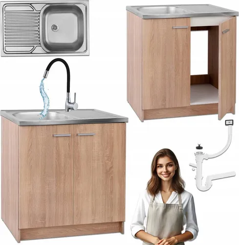 STAMAR Spülenschrank 80cm Sonoma mit Spüle und Armatur - Küchenschrank mit 2 Türen und 1 Fach, perfekt für die platzsparende Nutzung. Inklusive schwarzer Spüle und Armatur, ideal für eine moderne Küche. Maße: 80x49x81,2 cm, in Sonoma Eiche Optik.