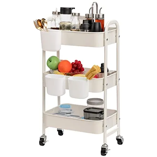 DOEWORKS Rollwagen Metall Servierwagen mit Rollen 3 Etagen Küchenwagen Bastelwagen Rollwagen Küche Aufbewahrungswagen für Wohnzimmer Schlafzimmer Badezimmer Büro, Weiß mit 3 Tassen