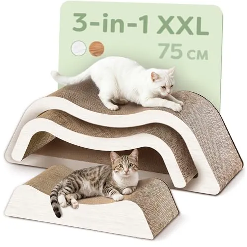 Knupis XXL Kratzmöbel für Katzen – 3-teiliges Kratzbrett 75cm - Drei separate Kratzbretter aus hochwertiger Wellpappe bieten bis zu 2 Jahre Kratzspaß. Ideal zum Schutz deiner Möbel und für die natürliche Krallenpflege. Platzsparend und sofort einsatzbereit.