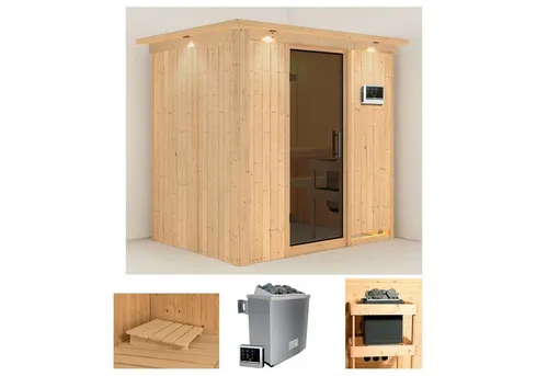 Karibu Sauna Bedine 210 x 165 x 202 cm mit 9 KW-Ofen - Innensauna mit 68 mm Wandstärke, bietet entspannende und gesundheitsfördernde Saunagänge für Ihr Zuhause, ideal zur Muskelentspannung und Hautreinigung.
