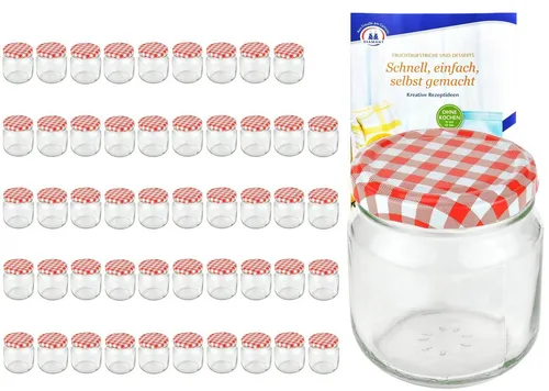 MamboCat 50er Set Rundgläser 212 ml - Einmachgläser-Set: 50 hochwertige Gläser mit rot-weiß karierten Deckeln und Rezeptheft für kreative Einkochprojekte, ideal zum Haltbarmachen von Marmelade, Obst und Gemüse.