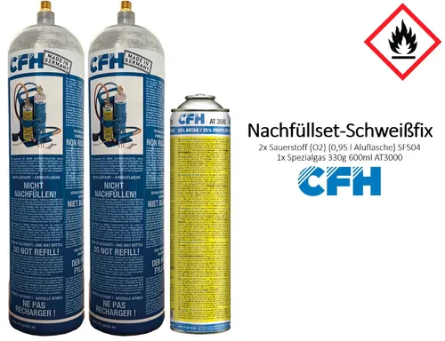 CFH Ersatzdosen Schweißfix 2x Sauerstoff Aluflasche 1x Spezialgas AT3000 Set