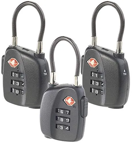 AGT TSA Kofferschloss: 3er-Set TSA-Koffer- & Gepäck-Schlösser mit Zahlencode und Stahlkabel (TSA Gepäckschlösser, Schloss ohne Schlüssel, Vorhängeschloss)