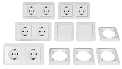 McPower Cup ''Standard'' Schalter und Steckdosen Set, 20-teilig - Steckdosen- & Schalterteile, elegantes Design in Weiß, ideal für die Unterputzinstallation im Innenbereich, inklusive Rahmen für einfachen Einbau ✔