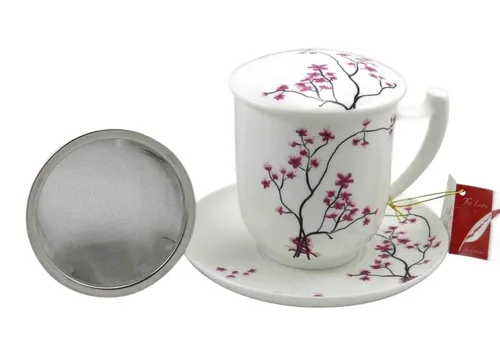 TeaLogic Cherry Blossom Becher mit Sieb und Deckel 0,38 l - Fine Bone China 