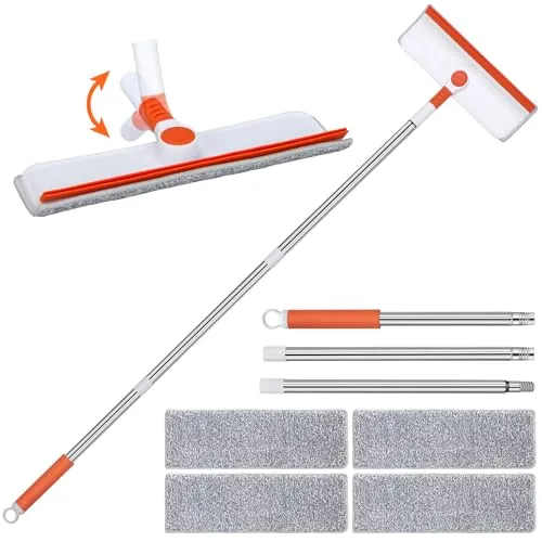 Ayvisun 132cm Teleskopstange Fensterreinigung, Fensterreiniger Set | mit Biegsamer Kopf, Professioneller Fensterputzer mit Silikonabzieher & 4 Mikrofaserschrubber für Hohe Fenster