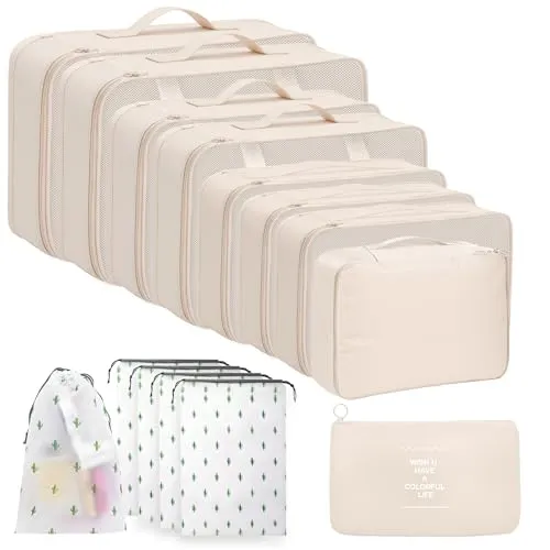 Koffer Organizer Set, 14 Stück Packing Cubes für Reise, Kofferorganizer Packtaschen Set, Wasserdichte Kofferorganizer Packtaschen mit Kosmetiktasche, Reise Gadgets & Travel Organizer Set (Beige)