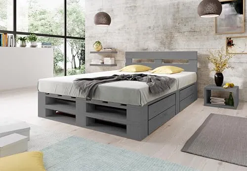 Lermowood Palettenbett M2 aus Holz 180 x 200 cm Grau mit Kopfteil und 2 Bettkästen Holzbett 40cm Stabiles Seniorenbett Kinderbett Jugendbett Gästebett erhöhtes Bettgestell Futon Komforthöhe Naturholz