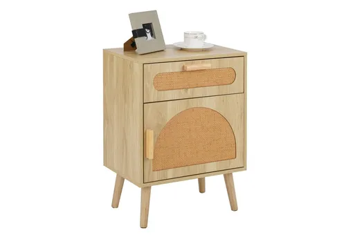 COSTWAY Nachttisch (1-St), Nachtschrank Rattan, mit Schublade & Schrank