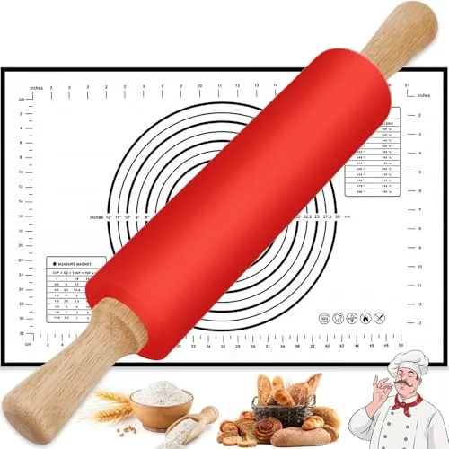 BOCHION Nudelholz Holz mit Backmatte, Teigroller Silikon(43cm) & Silikonmatte(60×40cm), Backzubehör für Pizza, Kekse, Blätterteig (Rot)