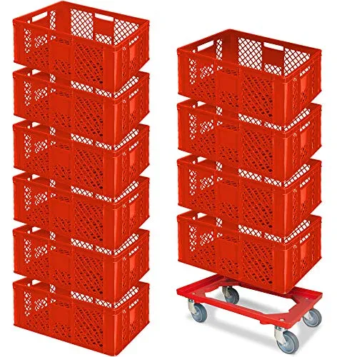BRB-Lagertechnik Stapelbox Set mit Transportroller - Set aus 10 Eurobehältern 600x400x240 mm & Transportroller. Ideal zum sicheren Lagern & Transportieren von Lebensmitteln, stoßfest und hygienisch reinigbar.