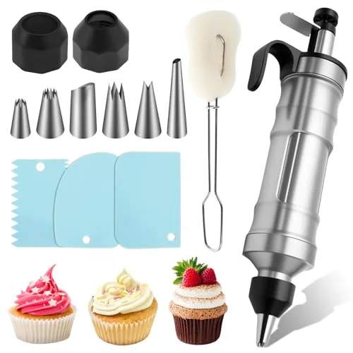 Stück Tortenspritze Garnierspritze set aus Edelstahl mit 6 Tüllen und 3 Cremeschabern,Torten Zubehör Komplettes Kuchen Dekorieren Set,Wiederverwendbares Kuchenspritze für Kekse,Cupcakes 13