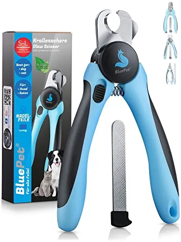 BluePet Krallenschere mit Schutz für Hunde & Katzen I Einsteigerfreundlich I Krallenzange für kleine & große Krallen + Krallenfeile im Griff - Alternative zu Nagelschere & Krallenschleifer