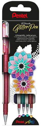 Pentel Gelschreiber Hybrid Dual Metallic K110-4COL, 0,5mm, Glitzer-Effekt-Gel ergibt 8 Farben, 4 Stück