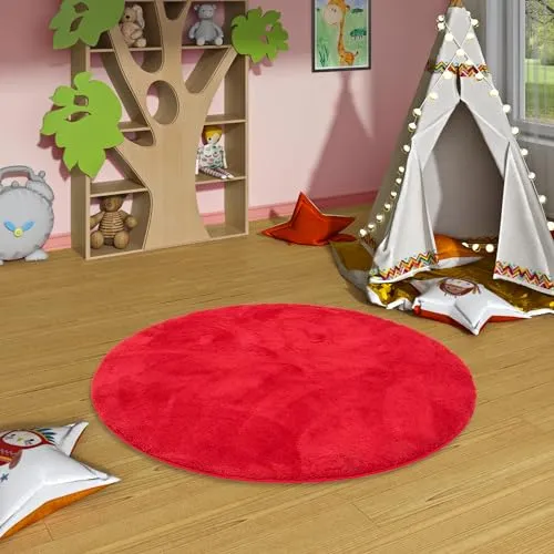 Pergamon Super Soft Kinder Hochflor Teppich Silky Kids Rund Rot - für Kinderzimmer und Jugendzimmer
