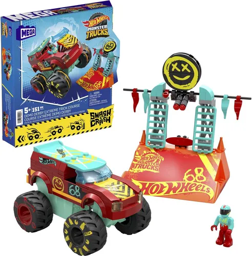 MEGA Hot Wheels Monster Trucks Bauspielzeug - Demo Derby Extreme Stunt-Set mit 151 Teilen, inklusive Mikro-Actionfigur, fördert Kreativität und Problemlösungsfähigkeiten für Kinder ab 5 Jahren