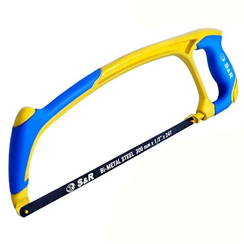 S&R Metallsäge, Bügelsäge, Eisensäge, mit Bimetall Sägeblatt 300 mm und 45° Anschlag, angenehmer ergonomischer Handgriff mit Soft-Touch-Oberfläche, Handsäge Metall Sägebogen, Säge Bi-Metall