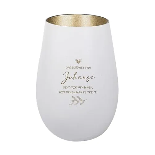 Der-Porzellan-Laden Windlicht mit Gravur Das schönste an Zuhause, Weiß Gold, Teelichthalter aus Glas mit Spruch, Tischdeko modern