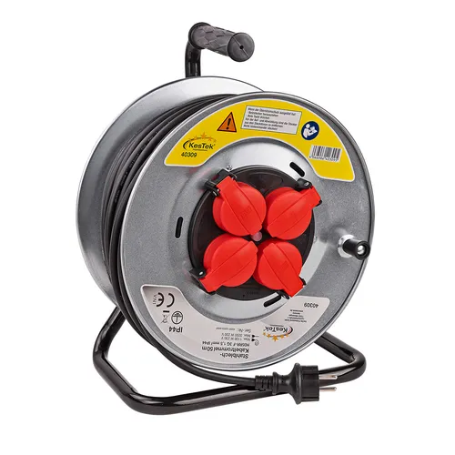 Kestek Stahlblech Kabeltrommel 50m H05RR-F - Robuste Kabelrolle mit 50m H05RR-F 3G1,5mm², IP44, ideal für den Einsatz im Freien. Vier Schutzkontaktsteckdosen bieten sicheren Zugriff auf Strom.