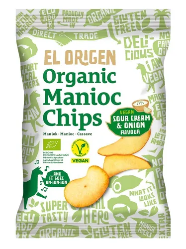 MANIOCC-CHIPS MIT CREME- UND ZWIEBELGESCHMACK, VEGAN, GLUTENFREI, BIO 60 g - EL