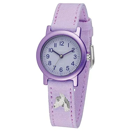 JACQUES FAREL Öko-Kinderuhr Mädchen - Lila Flieder Pferd - Armbanduhr für Mädchen mit Bio-Baumwollband und allergikerfreundlichem Gehäuse; ideal als Lernuhr mit großem Zifferblatt und Unterstützung von Kwizera e.V.