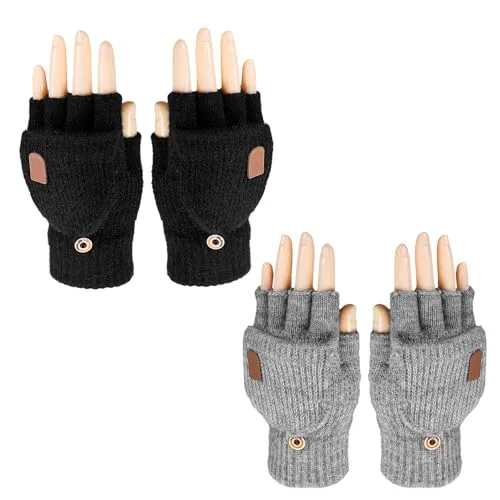 COACOM 2 Paar Fingerlose Flip-Handschuhe, Thermohandschuhe, Winter-Fleece-Handschuhe, Unisex (Schwarz, Grau)
