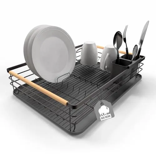 BigDean Abtropfgestell Geschirr aus Metall – platzsparend und stilvoll - Abtropfhalter & -ständer: Platzsparendes Design mit eleganten Buchenholzgriffen für eine optimale Nutzung Ihrer Küchenfläche und schnelle Trocknung des Geschirrs.
