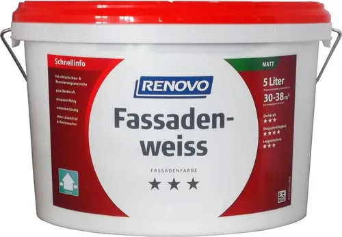 RENOVO Fassadenfarbe, matt, 5 Liter, weiß - Hochwertige Fassadenfarbe für Außenwände, witterungsbeständig und diffusionsoffen. Ideal für Putz, Mauerwerk und Beton. Einfach zu verarbeiten und sorgt für eine hervorragende Deckkraft.